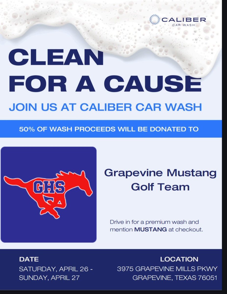 GHSMustangGolf's tweet photo. Don't bother getting your car washed today. Friday afternoon storms on the way. Wait till this weekend &amp; head over to Caliber Car Wash. Mention MUSTANG @ checkout &amp; we get 50% of the proceeds for our program! 3975 Grapevine Mills Parkway @GCISD_Athletics @GCISD @GVineAthletics https://t.co/vOJUMv0cej