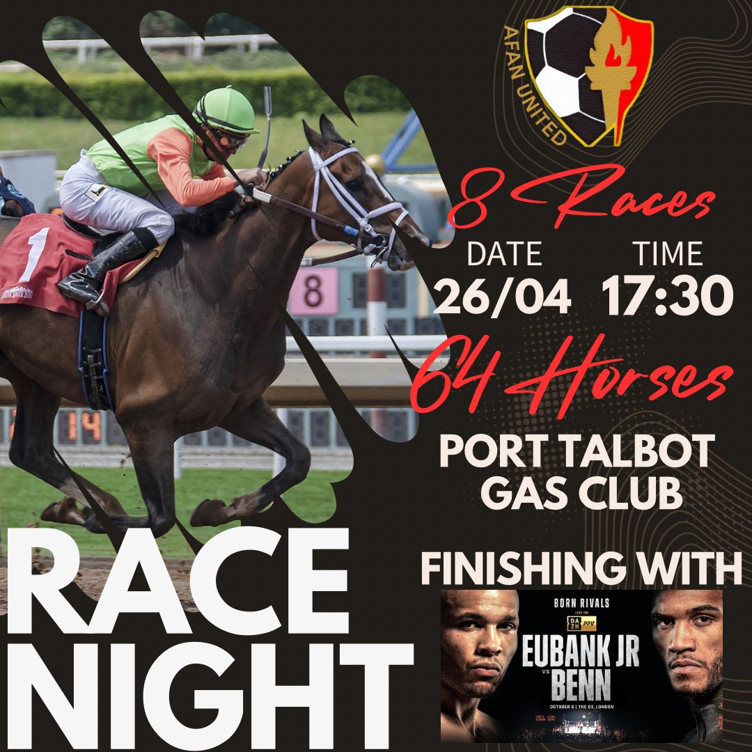 Afan United FC (@afanunited_fc) on Twitter photo Reserve team play their last game of the season tomorrow afternoon in what’s been a huge improvement to last season, they play away to <a href="/GwynfiU/">Gwynfi United F. C</a> ⚽️
Followed by Afan’s race night at the Gas Club 🐎
Finishing off with Live Boxing 🥊
All welcome for a great night 🍻 Reserve team play their last game of the season tomorrow afternoon in what’s been a huge improvement to last season, they play away to <a href="/GwynfiU/">Gwynfi United F. C</a> ⚽️
Followed by Afan’s race night at the Gas Club 🐎
Finishing off with Live Boxing 🥊
All welcome for a great night 🍻