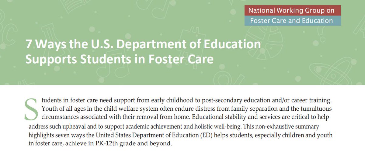 How does the U.S. Department of Education support students in foster care? Learn more from a new resource by the National Working Group on Foster Care and Education
bit.ly/7-Ways-ED-Supp…
