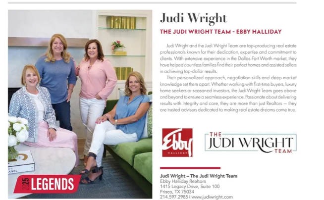 judiwrightteam's tweet image. As ssen in Local Profile Magazine, we're proud to be honored for our work and named a 2025 Top Realtor Legend!

#localprofile #2025legends #toprealtor #thejudiwrightteam #thewrightteamfortherighthome #makethewrightchoice #dfwrealtor