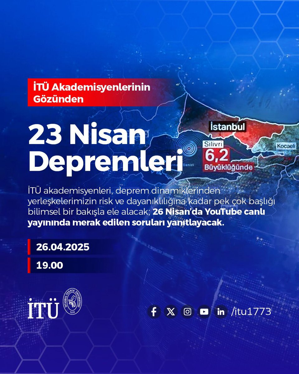 Prof. Dr. Hasan Mandal (@profhasanmandal) on Twitter photo 26 Nisan’da İTÜ’lü akademisyenlerimizle Sosyal Medya hesaplarımızda canlı yayınındayız. Depremin dinamiklerinden yerleşim alanlarının risklerine kadar pek çok başlığı bilimsel bakışla ele alacağız.
Hep birlikte düşünmek ve çözüm üretmek için yayınımıza bekliyoruz.
<a href="/itu1773/">İTÜ - İstanbul Teknik Üniversitesi</a> 26 Nisan’da İTÜ’lü akademisyenlerimizle Sosyal Medya hesaplarımızda canlı yayınındayız. Depremin dinamiklerinden yerleşim alanlarının risklerine kadar pek çok başlığı bilimsel bakışla ele alacağız.
Hep birlikte düşünmek ve çözüm üretmek için yayınımıza bekliyoruz.
<a href="/itu1773/">İTÜ - İstanbul Teknik Üniversitesi</a>