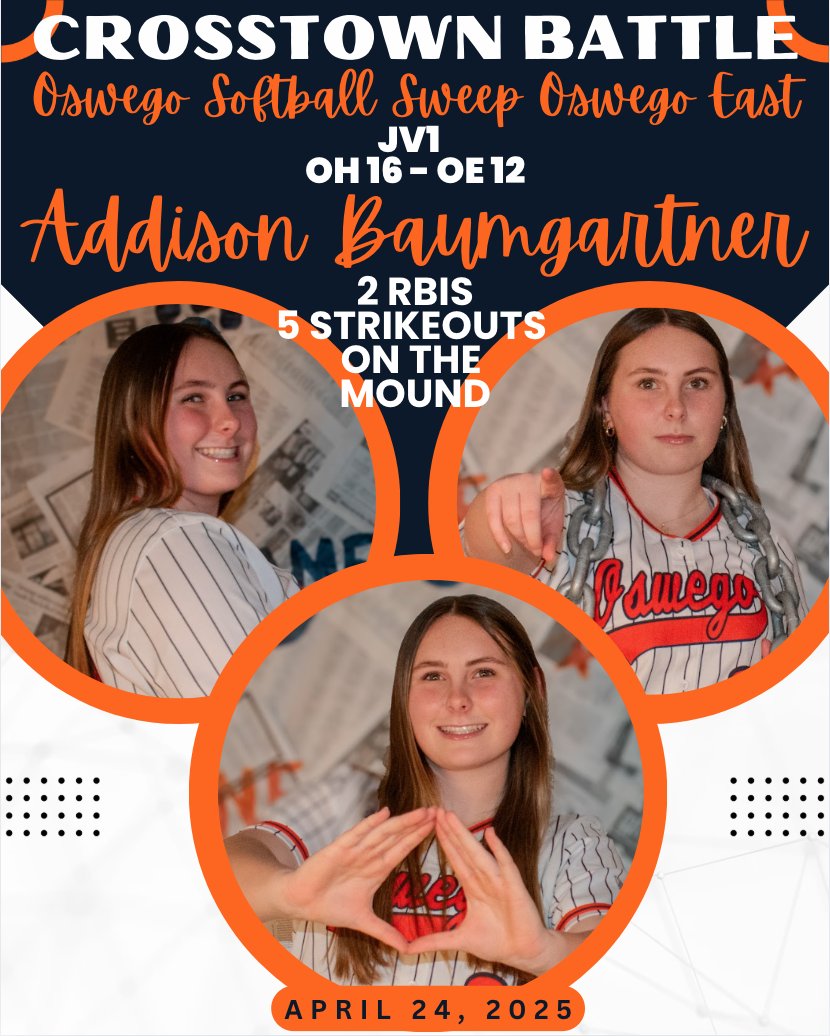<a href="/LaurenHeadley14/">Lauren Headley</a>  went 2 for 4 and hit a 💣 over left center and had 2 RBIs and scored 1.
<a href="/Addibaum2027/">Addison Baumgartner</a>  came in as the relief pitcher to shut down OE with 5 strikeouts on the mound. She was a force at the plate too with 2 RBIs.