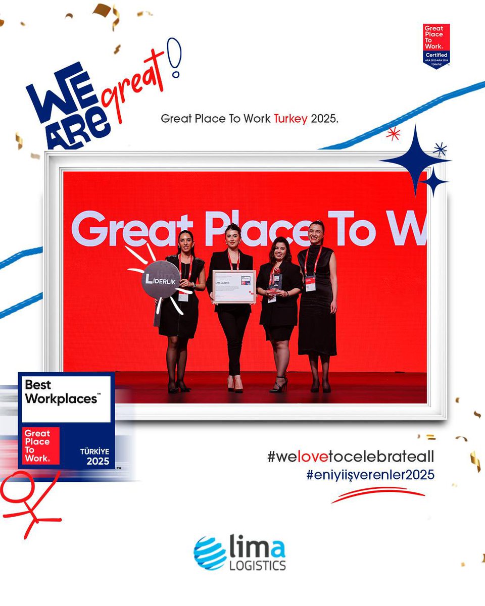 Limalojistik's tweet photo. 🎉 Lima Logistics Ailesi olarak yine harika bir haberle karşınızdayız!
Bu yıl da hep birlikte başardık ve tam 4. kez “Great Place To Work” En İyi İşverenler Ödülü’nü almanın gururunu yaşıyoruz! 🏆💙
.
.
.
#limalogistics #limagreen #limaeurope #limasporkulübü #welovetocelebrateall https://t.co/uH9NXQ8eiv