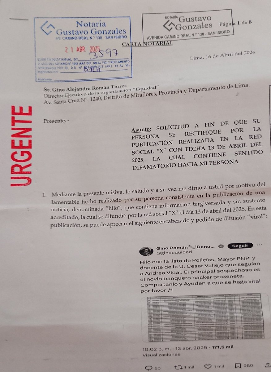 Un Mayor de la PNP y Docente de la U. César Vallejo me solicita por carta notarial que lo borre de la lista de policías que buscaron info de Andrea Vidal. No borraré nada. Si quiere juicio, vamos a juicio.  Pueden enviar una colaboración al Plin 920455160 y difundir la noticia