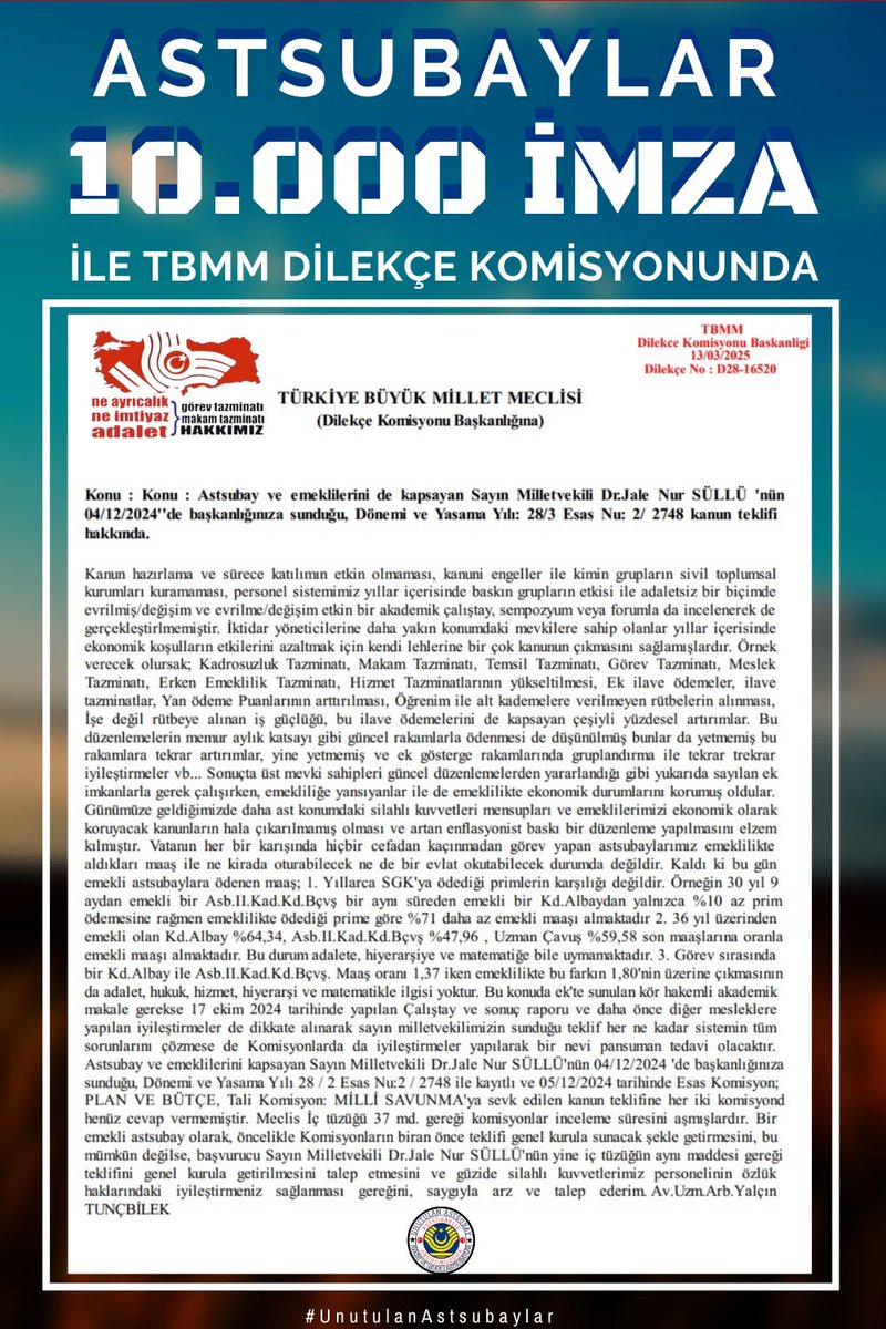 SÜREÇ ARTIK UZAMAMALI

Yılların kaybı dilekçede ve tabloda net olarak anlatıldı.

TBMM'ye sunulan ve bir ay boyunca en yüksek katılımı alan dilekçemiz 13 gündür incelemede.

Sorunların çözümünde ;
- Tek yetkilinin TBMM olduğu gerçeği asla unutulmamalı ,
- Süreç iyi gözlenerek