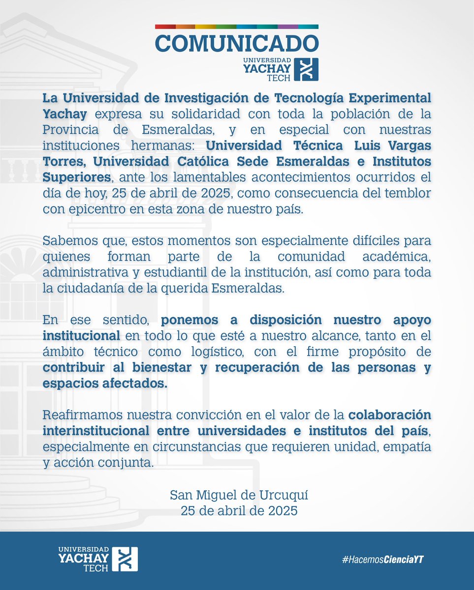 #ComunicadoOficial ante la situación actual del temblor en la provincia de #Esmeraldas  ⬇️