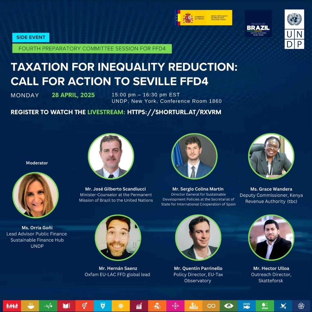 Ricardo Guerrero (@r_guerrerof) on Twitter photo Join us on April 28 (3–4:30PM EDT) for a vital #FfD side event hosted by Brazil, Spain and <a href="/UNDP_SDGFinance/">UNDP Sustainable Finance</a>
Explore how progressive tax systems & High Net Worth Individuals can drive inclusive development
Register: shorturl.at/rxvrm Join us on April 28 (3–4:30PM EDT) for a vital #FfD side event hosted by Brazil, Spain and <a href="/UNDP_SDGFinance/">UNDP Sustainable Finance</a>
Explore how progressive tax systems & High Net Worth Individuals can drive inclusive development
Register: shorturl.at/rxvrm