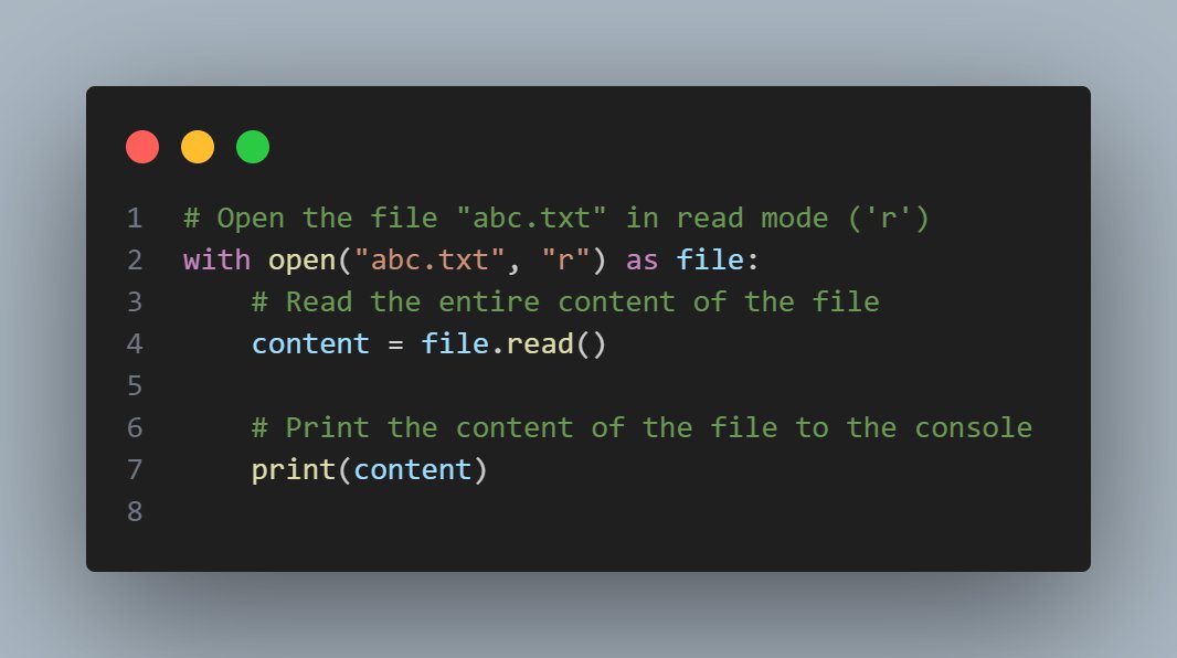 Pythonic_Sumit's tweet image. Day - 16

Today I learned about File IO in Python!

File I/O refers to the process of reading from and writing to files in Python. It allows your program to interact with external files to retrieve data (read) or save data (write).
#PYTHON  #DataScience #JOPT #Hairston #Nantes