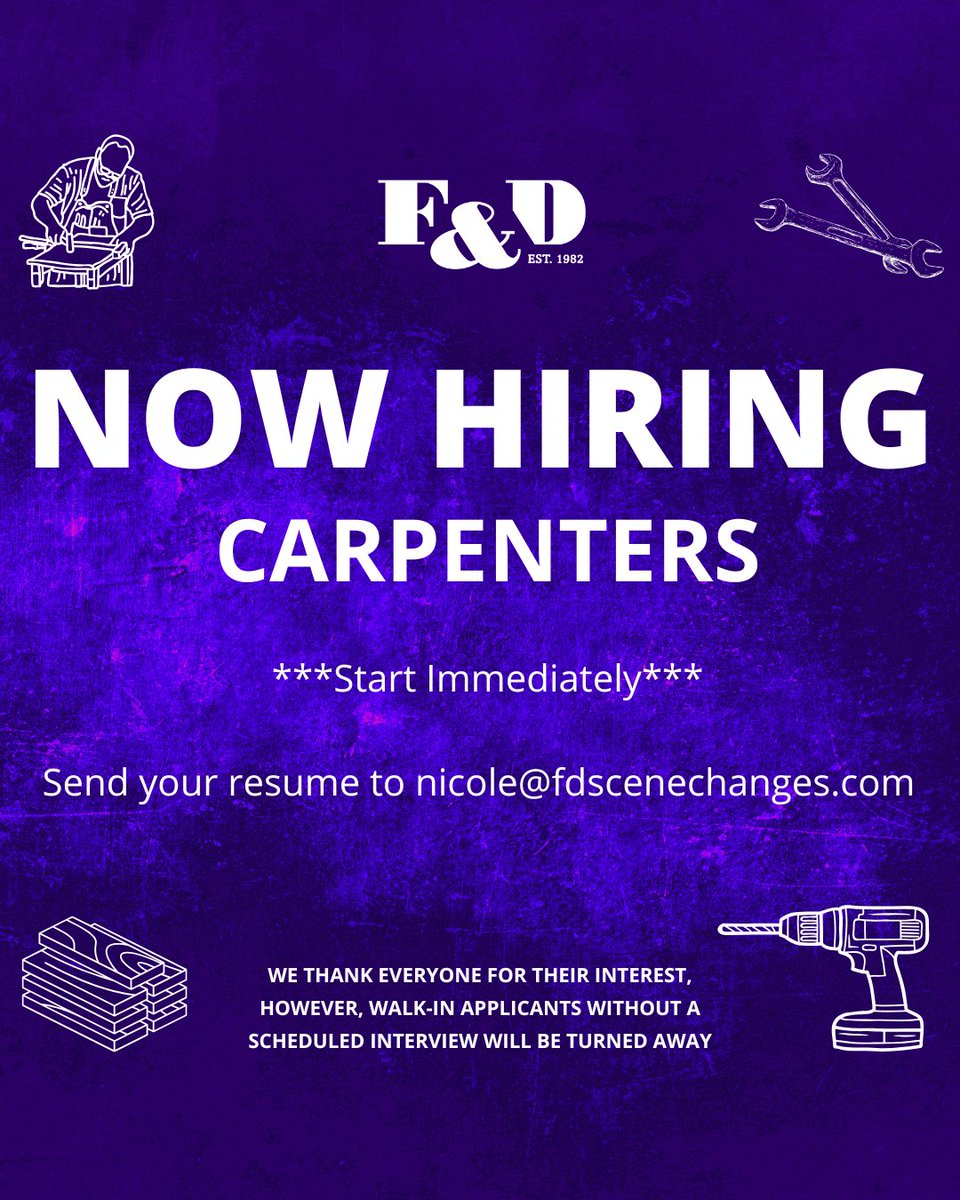 F&D Scene Changes (@fdscenechanges) on Twitter photo Think you're a good fit? We'd love to chat! Please send your resume to nicole@fdscenechanges.com
Preference will be given to IATSE 212 members. Think you're a good fit? We'd love to chat! Please send your resume to nicole@fdscenechanges.com
Preference will be given to IATSE 212 members.