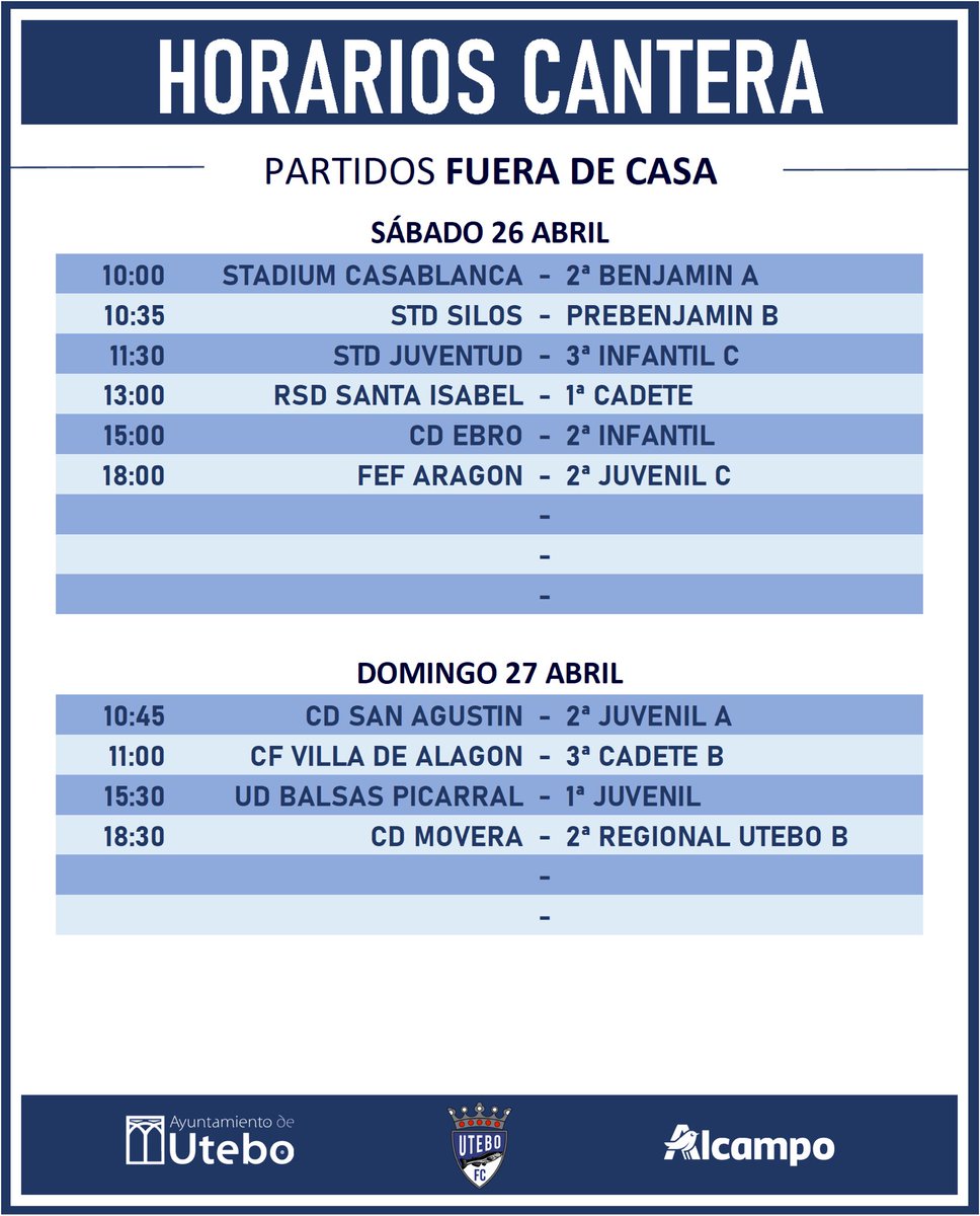 ⚔️ Horarios del fin de semana ⚔️ 

#ADNBarbo
#UteboFC
#UteboEsCantera