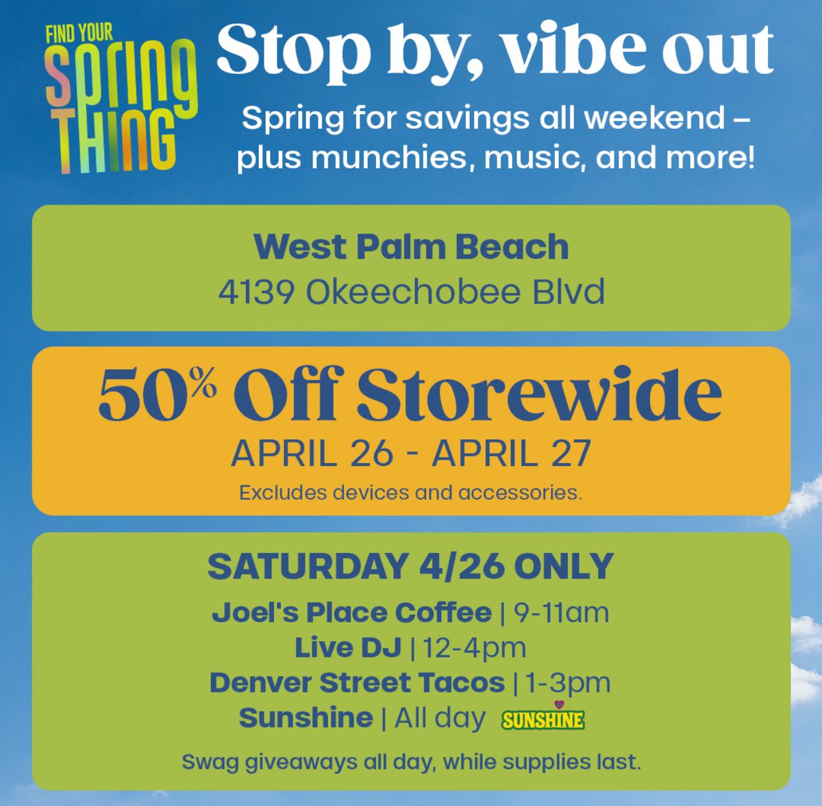 Trulieve's tweet photo. Swing by our West Palm Beach location tomorrow for exclusive 50% off storewide deals! Weβre bringing the energy with food trucks, a live DJ, and more π
Plus, our friends at @SunshineCannab2 are coming through with free tees and hatsβdonβt miss the heat! https://t.co/vpIYx10faE