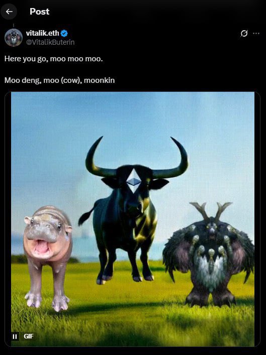 Jason Daily | Coin68 🟠 (@jasoncoin68) on Twitter photo Look closely…
<a href="/VitalikButerin/">vitalik.eth</a> posted 3 animals, and the one in the middle is a cow with the Ethereum logo on its head.
Now people are starting to whisper:
$Moocow might be the only ERC-20 meme coin subtly hinted by the creator of Ethereum himself.
$Moocow isn’t trying to be Look closely…
<a href="/VitalikButerin/">vitalik.eth</a> posted 3 animals, and the one in the middle is a cow with the Ethereum logo on its head.
Now people are starting to whisper:
$Moocow might be the only ERC-20 meme coin subtly hinted by the creator of Ethereum himself.
$Moocow isn’t trying to be