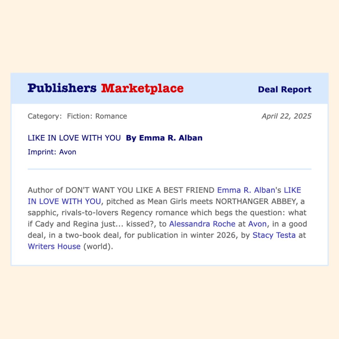 I am delighted to announce my next book, LIKE IN LOVE WITH YOU, coming January 13th, 2026 w/ <a href="/avonbooks/">avonbooks</a>!

A standalone, sapphic, rivals-to-lovers Regency Romance, which begs the question: what if Cady and Regina from MEAN GIRLS just...kissed?

Cover by the amazing Leni Kauffman!