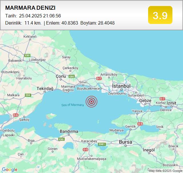 MARMARA DENIZI
Büyüklük: 3.9
Tarih:
 25.04.2025
Saat:
 21:06:56
Derinlik:
 11.4 km #deprem