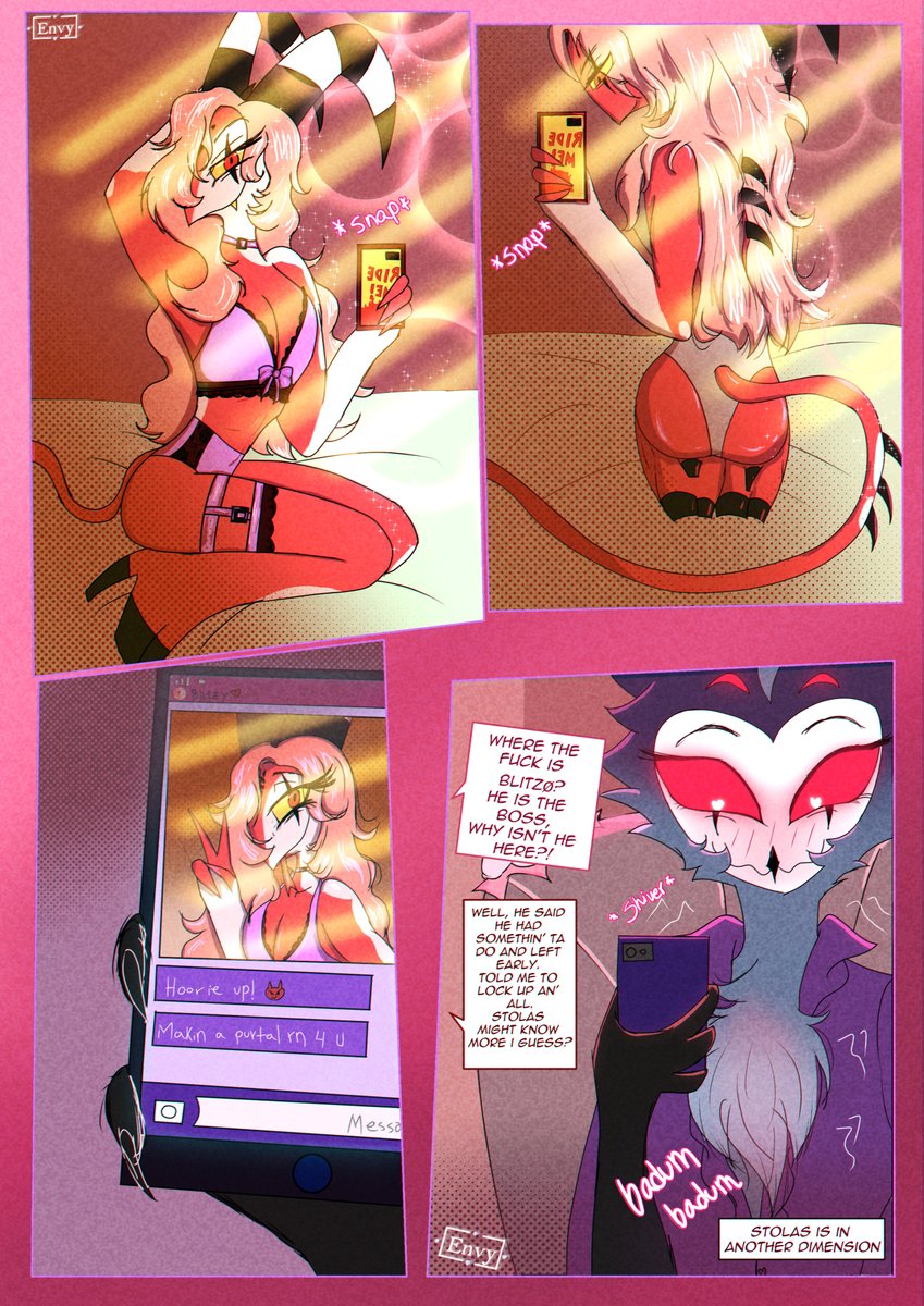 day 6: lingerie 
blitzy is feeling bold and sending thirst traps to his owl🤭 ready for some action 🖤

one more contribution for the #FemBlitzWeek 
it was so fun to work this piece!✨
<a href="/FemBlitzWeek/">Feminine Blitz Week</a>

#helluvabossfanart #Blitzø #stolitz