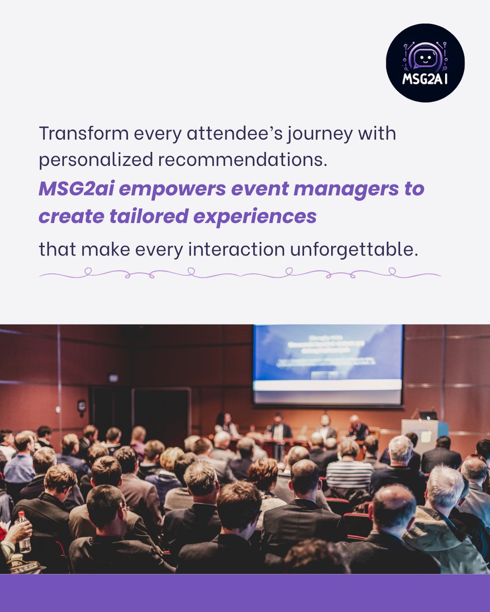 msg2ai's tweet image. Personalize your event like never before with MSG2ai! 🎉 Tailored recommendations for each attendee create a unique and unforgettable experience. Ready to level up your events? 🚀
 #EventTech #AI #AttendeeExperience #MSG2ai #EventInnovation #PersonalizedExperience #EventSuccess