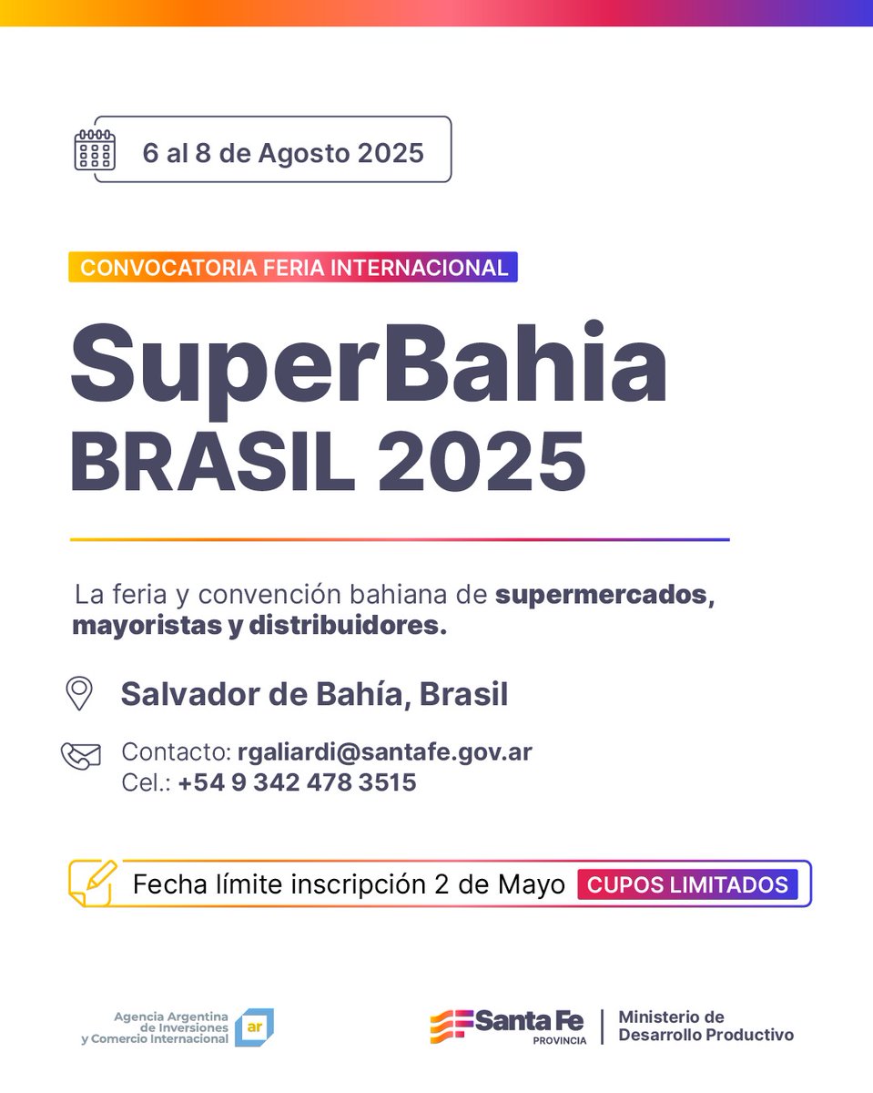 📢 CONVOCATORIA SuperBahia 2025

➡️ SuperBahia 2025 es la feria y convención bahiana de supermercados, mayoristas y distribuidores.

🗓️ Fecha del evento:  6 al 8 de agosto de 2025

❗ Límite de inscripción: 2 de mayo de 2025. 

📝 Inscripción: forms.office.com/pages/response…
