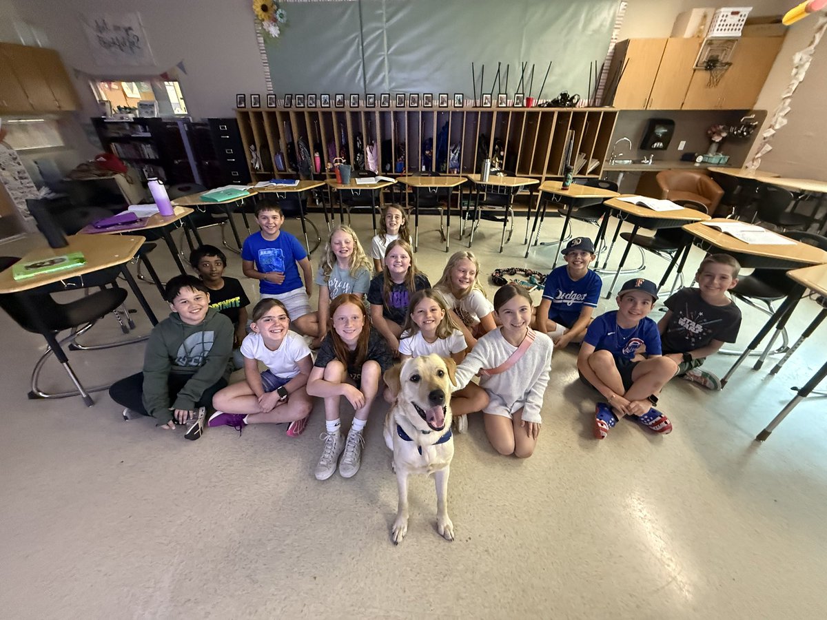 MsRowe6's tweet image. After weeks of hard work, my students got the ultimate reward — a visit from our favorite furry friend, Blaze! 🐾🎉 From belly rubs to birthday smiles 🐶, it was all tail wags and happy hearts. These kids earned every second of joy, and Blaze soaked up every snuggle! 💛✏️📚