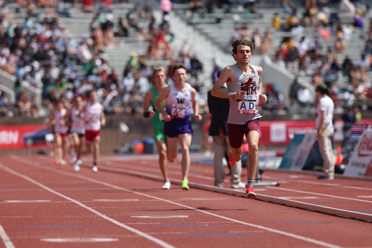 The men's DMR team consisting of Luca Santorum, Cutler Zamzow, Sam Whitmarsh and Cooper Cawthra finished third in the event, breaking the school record with a time of 9:26.83 ‼️

#GigEm // #AggieTF