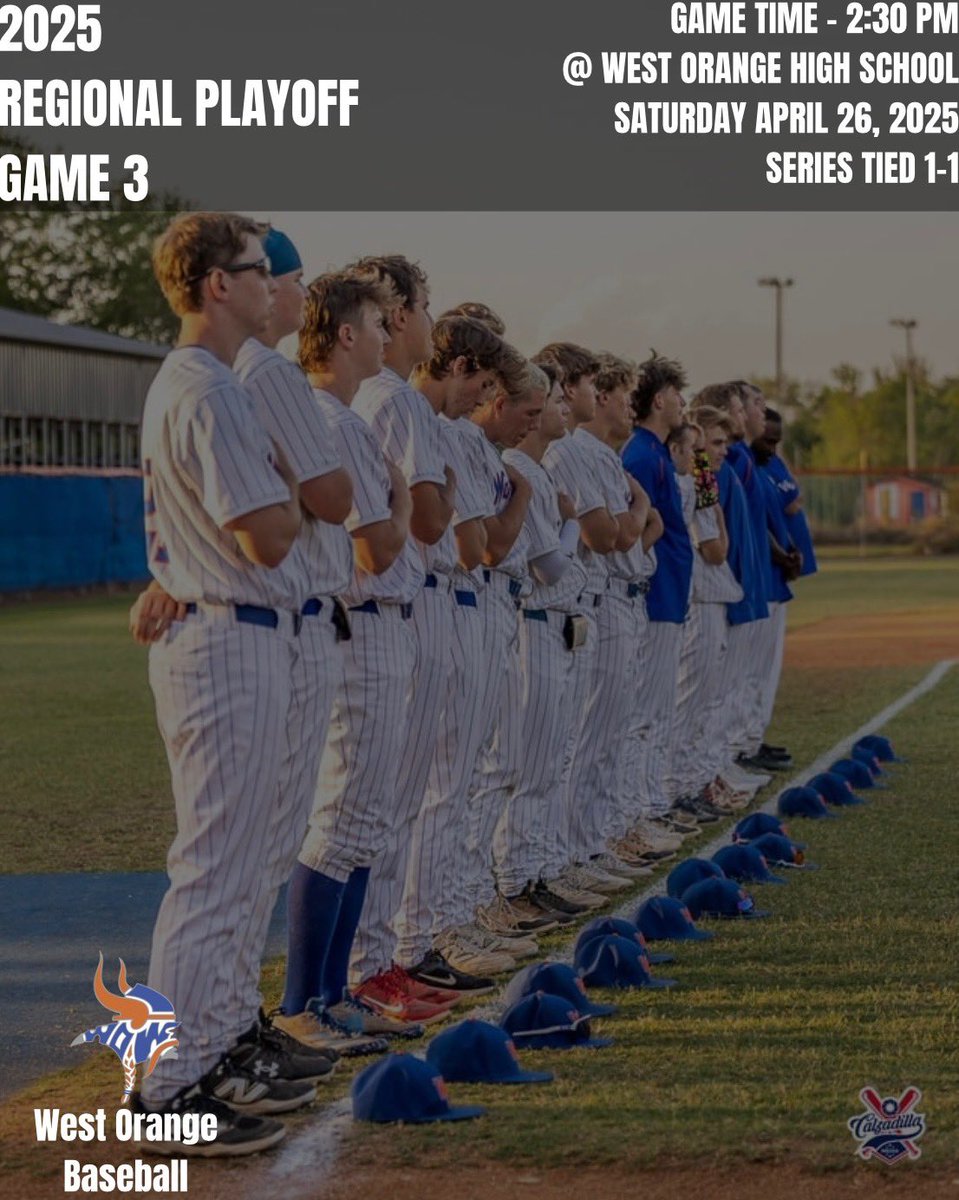 💙🧡We need our students, We need our alumni, We need our community at this game cheering these players on!!🧡💙

Game 3 of the Regional Playoffs. Series tied 1-1.
Tomorrow, we are back home at West Orange High School

First pitch at 2:30 PM.

Our boys have battled all season for