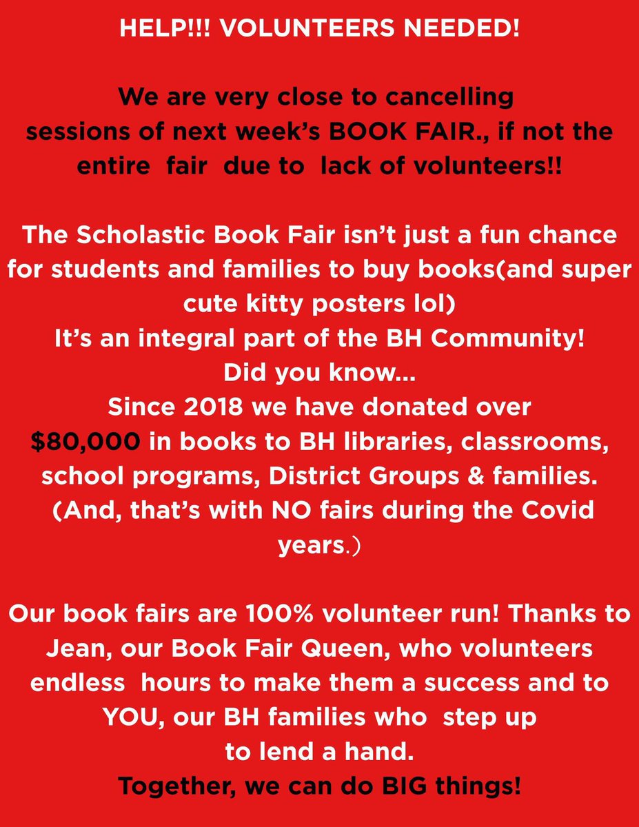 Heyyyyyyy Big Hollow.....can you lend a hand &amp; save the Book Fair?!

Sign up here-bighollowpto.ptboard.com/sgnvw

Together, we can do BIG things!

<a href="/Bighollowelem/">Big Hollow Elementary</a> <a href="/BigHollowMS/">Big Hollow Middle School</a> <a href="/BigHollowPri/">Big Hollow Primary</a> <a href="/bobgold_supt/">Bob Gold</a>