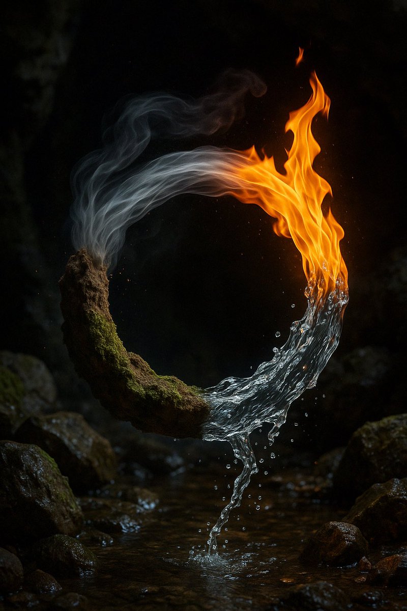 GalleryFusion's tweet image. Ein fotorealistisches Spektakel: Ein Ring aus flüssigem Wasser und lodernder Flamme, verwoben in moosigem Astwerk – ein Tanz der Elemente im dunklen Schoß der Höhle.

#Elemente #FeuerUndWasser #MoosAst #Moos #Feuer #Wasser #Smoke #Flammen #LiquidMagic #AIart #NaturePhotography
