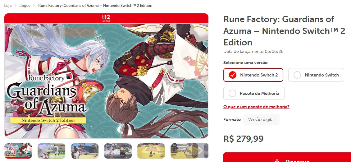 PedrokaJoga's tweet photo. CACETADA! A gente elogiou a CD Projekt pelos 70 dols do Cyberpunk ter virado 340 reais (e é pra elogiar mesmo).

E a Xseed que tá cobrando pelo Rune Factory Guardians of Azuma, que também é 70 dólares, "apenas" 280?? 
A versão de NS1 que custa 60 dols, tá R$240.

Localizaram o preço de 70 pra 49 dólares!

Imagina se o DK Bananza, ou mesmo Ghost  of Yotei fosse 280 reais no lançamento? A pauta da localização precisa ganhar força e não só na Nintendo, embora principalmente nela!
Se a Xseed conseguiu as outras conseguem também.
