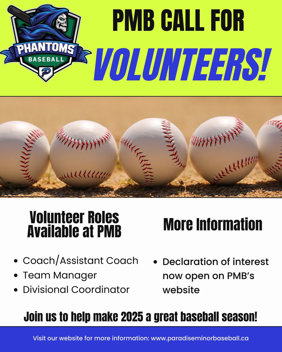 Phantoms Baseball (@pmbphantoms) on Twitter photo ⚾️ Step up to the plate & volunteer with PMB! We're seeking volunteers to make the 2025 season a grand slam.
Sign up to join the team! paradiseminorbaseball.sportngin.com/register/form/…
Interested in a PMB Executive position? executive@paradiseminorbaseball.ca
- Scheduler/Website Admin
- Treasurer ⚾️ Step up to the plate & volunteer with PMB! We're seeking volunteers to make the 2025 season a grand slam.
Sign up to join the team! paradiseminorbaseball.sportngin.com/register/form/…
Interested in a PMB Executive position? executive@paradiseminorbaseball.ca
- Scheduler/Website Admin
- Treasurer