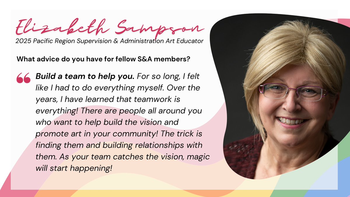 We continue to celebrate the amazing supervision and administration members who were honored at this year's NAEA Convention in Louisville.
Join us in a virtual round of applause for Elizabeth Sampson, 2025 Pacific Region Supervision and Administration Art Educator!