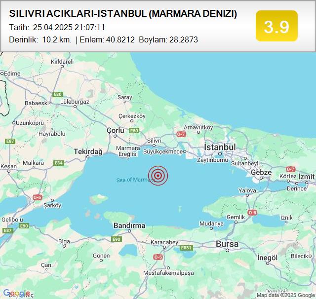 SILIVRI ACIKLARI-ISTANBUL (MARMARA DENIZI)
Büyüklük: 3.9
Tarih:
 25.04.2025
Saat:
 21:07:11
Derinlik:
 10.2 km #deprem #MARMARADENIZI