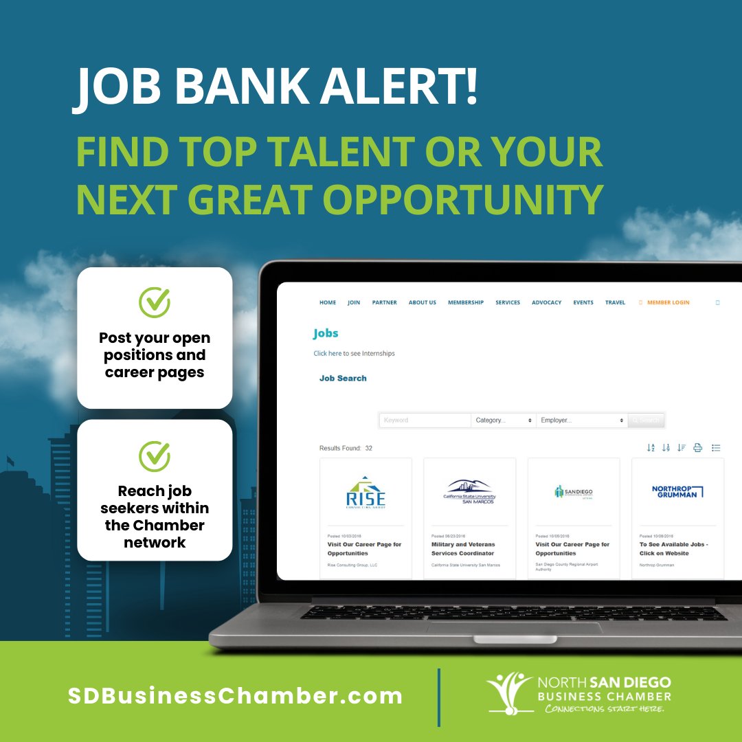 sdbizchamber's tweet image. Hey Chamber members! Looking to grow your team or bring on an intern? Now’s the perfect time to explore our Job Bank, where you can connect with top talent in the community! Check it out here: chamber.sdbusinesschamber.com/jobs

#nsdbc #sandiego #NowHiring #Internships #SanDiegoBusiness