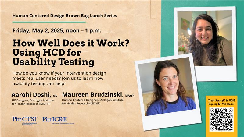 Pitt Institute for Clinical Research Education (@pitticre) on Twitter photo Don't miss the final spring #HCD Brown Bag Lunch! 
Learn how to apply Human Centered Design for usability testing with experts Aarohi Doshi & Maureen Brudzinski today at noon! #HealthResearch #HumanCenteredDesign #DesignThinking
Register for the Zoom: pitt.zoom.us/meeting/regist… Don't miss the final spring #HCD Brown Bag Lunch! 
Learn how to apply Human Centered Design for usability testing with experts Aarohi Doshi & Maureen Brudzinski today at noon! #HealthResearch #HumanCenteredDesign #DesignThinking
Register for the Zoom: pitt.zoom.us/meeting/regist…