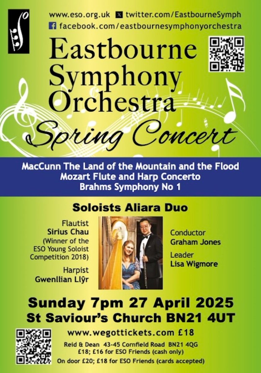 A final reminder for our spring concert!
Tickets available from WeGotTickets (£18) Or in person prior to the concert at
Reid &amp; Dean 43-45 Cornfield Road BN21 4QG
£18; £16 for Friends (cash only) Or in person on the door
£20; £18 for ESO Friends (cards accepted).