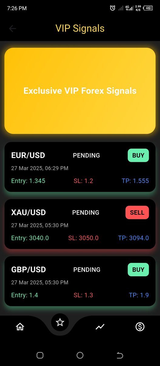 Maluchi05's tweet image. &quot;I look forward to finishing the codes for my Forex Signal App!
Regular users get daily free signals &amp;amp; updates.
VIPs enjoy premium signals, instant alerts &amp;amp; a clean, intuitive interface.
Built for traders who want results.
Rate my UI design 1-10
#Forex #TradingApp #ForexSignals