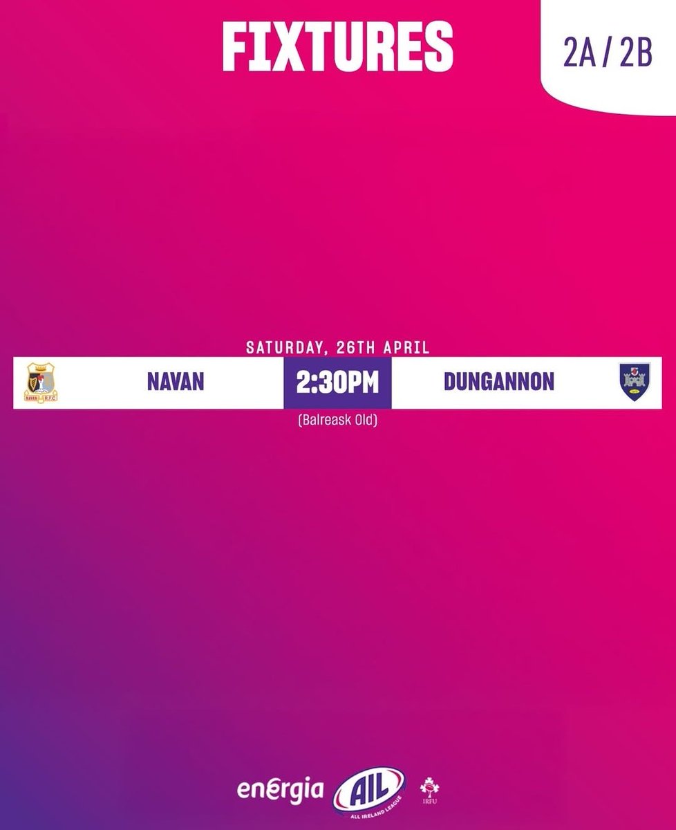 Navanrfc (@navanrfc) on Twitter photo ‼️TEAM ANNOUNCEMENT FOR PLAYOFF FINAL‼️
Our Men's 1st's to play <a href="/DungannonRFC/">Dungannon Rugby Club</a> at Balreask Old tomorrow in the #EnergiaAIL Div 2A/2B Playoff Final, KO 2:30pm 🕝
It will be FREE ENTRY again on the day for those wearing their Navan RFC gear, €10 per adult otherwise.
#NavanRFC100 ‼️TEAM ANNOUNCEMENT FOR PLAYOFF FINAL‼️
Our Men's 1st's to play <a href="/DungannonRFC/">Dungannon Rugby Club</a> at Balreask Old tomorrow in the #EnergiaAIL Div 2A/2B Playoff Final, KO 2:30pm 🕝
It will be FREE ENTRY again on the day for those wearing their Navan RFC gear, €10 per adult otherwise.
#NavanRFC100