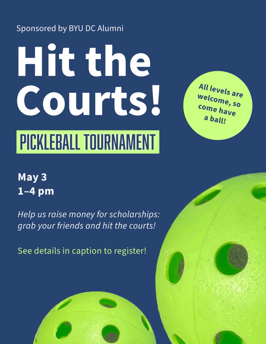 BYUALUMNIDC's tweet photo. Have you registered yet? Help us raise funds for student scholarships by getting your pickleball on!

REGISTRATION LINK: https://t.co/6xD8TYlang

🏓 #pickleballtournament #byudcalumni https://t.co/sSZQBOOUGO