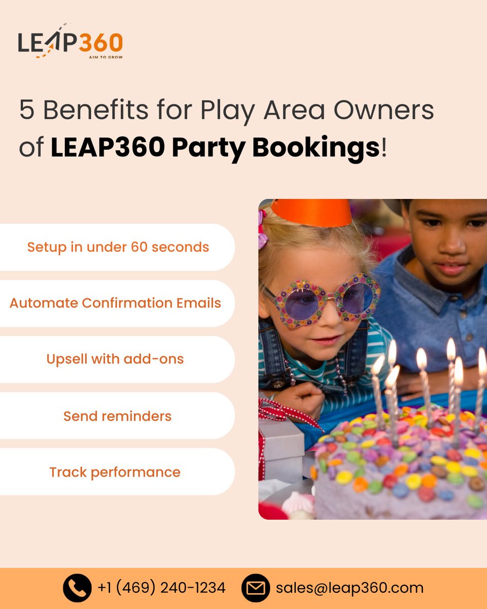 Leap360CRM's tweet image. Why Play Area Owners Love LEAP360’s Party Booking Feature?

✅Simplified scheduling
✅Boost in revenue
✅Unforgettable user experience delivered

All from one centralized platform. Book demo - leap360.com/demo

#playareasoftware #eventautomation #crmforplayareas #LEAP360