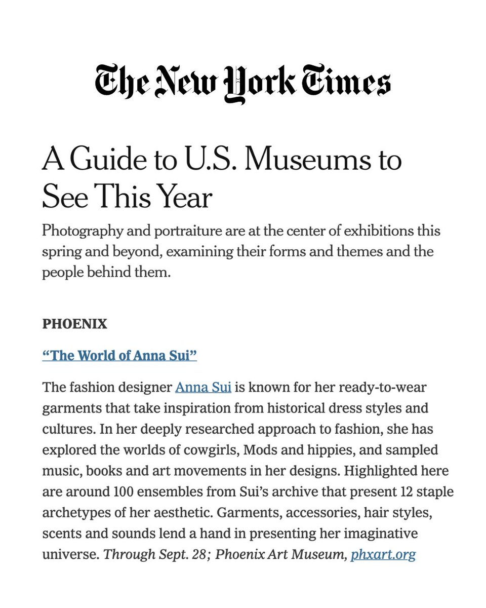 Phoenix Art Museum (@phxart) on Twitter photo We’re honored to be featured in the <a href="/nytimes/">The New York Times</a> in their “American Museums Art Guide,” featuring must-see art destinations across the U.S.
Make sure to visit The World of Anna Sui now on view through September 28.
Check out the full guide here: nytimes.com/2025/04/22/art… We’re honored to be featured in the <a href="/nytimes/">The New York Times</a> in their “American Museums Art Guide,” featuring must-see art destinations across the U.S.
Make sure to visit The World of Anna Sui now on view through September 28.
Check out the full guide here: nytimes.com/2025/04/22/art…