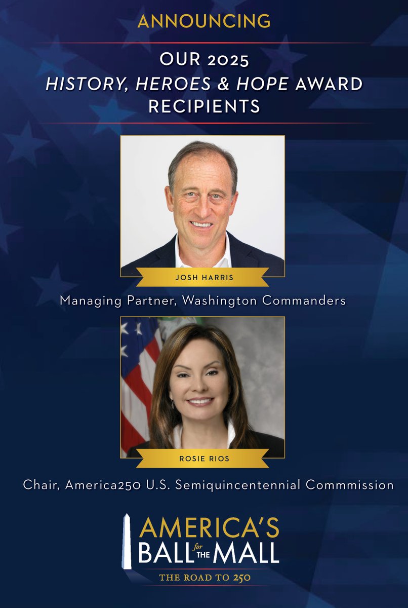 Drumroll, please…Announcing our 2025 HISTORY, HEROES &amp; HOPE AWARD honorees for America’s BALL for THE MALL on May 7!
JOIN US for a night honoring these American leaders, the National Mall and the founding of our nation. 
TICKETS  STILL AVAILABLE: nationalmall.org/americas-ball-…