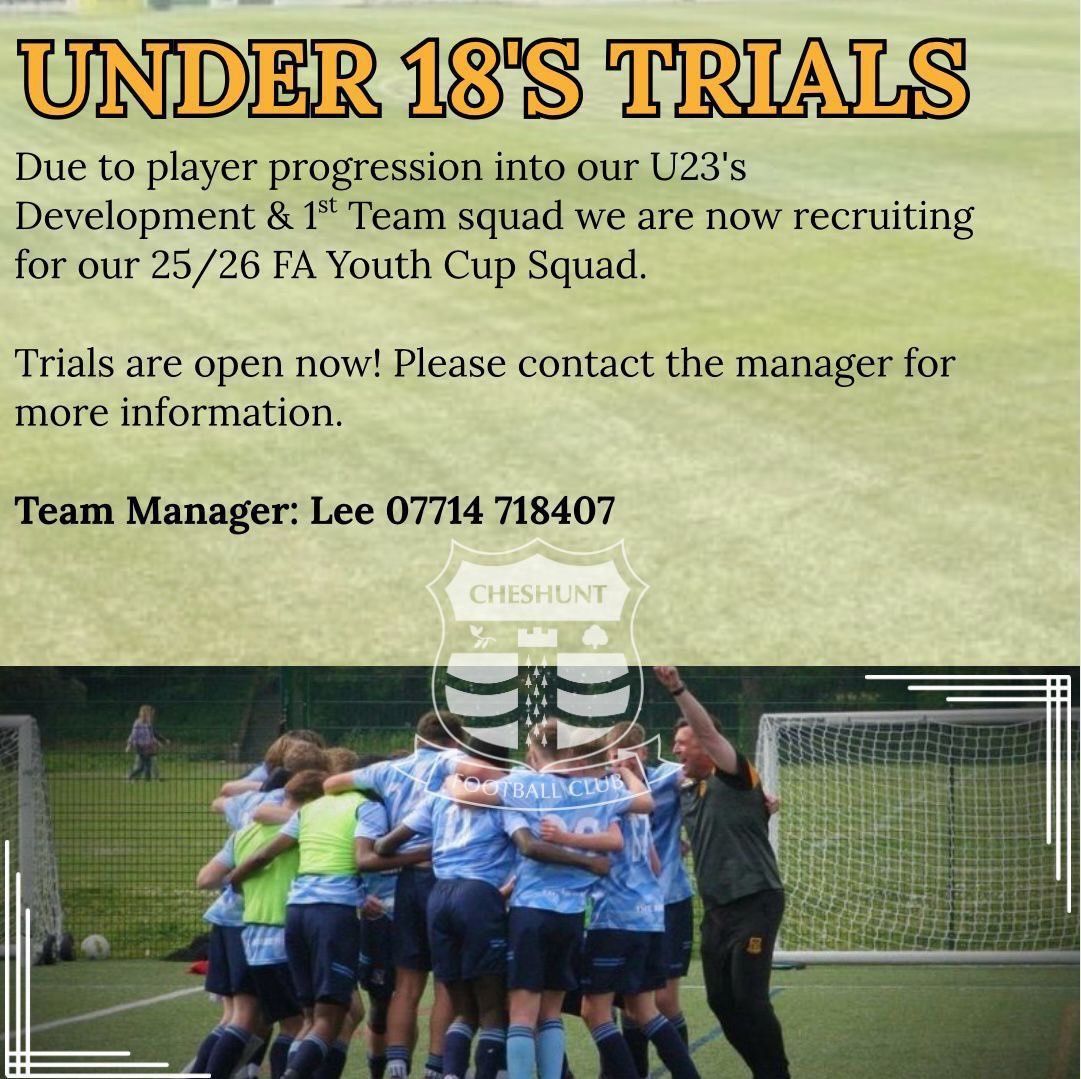 Cheshunt FC U17’s EJA (@cyfc_weathers) on Twitter photo Details below for trials ahead of the 25/26 season for our u18’s FA Youth Cup Squad.
<a href="/EJALeague/">EasternJnrAlliance</a> <a href="/cheshuntfcscore/">Cheshunt FC</a> Details below for trials ahead of the 25/26 season for our u18’s FA Youth Cup Squad.
<a href="/EJALeague/">EasternJnrAlliance</a> <a href="/cheshuntfcscore/">Cheshunt FC</a>