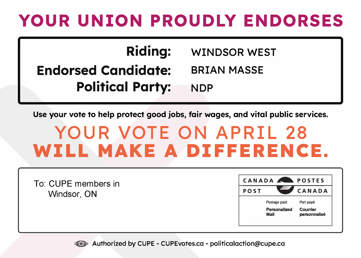 CUPEOntario's tweet photo. @CUPEOntario proudly endorses Brian Masse @BrianMasse4WW, @NDP candidate in Windsor West!

https://t.co/j55IAObCIT

https://t.co/Oq7p8fZIdl

#Canada #NDP #elxn45 #election2025 #cdnpoli