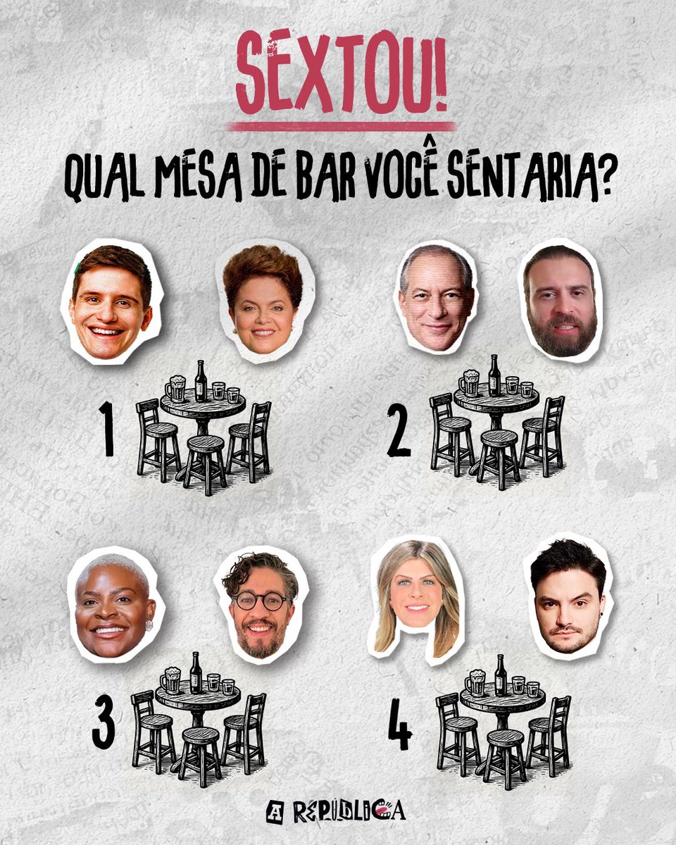 arepublicaflow's tweet photo. SEXTOU!! 🎉

Sexta-feira, você chega num bar com só quatro mesinhas. Todas estão ocupadas, mas cada uma tem um lugar vago.

Em qual mesa você sentaria? 👇 https://t.co/qzmQ0dFpiL