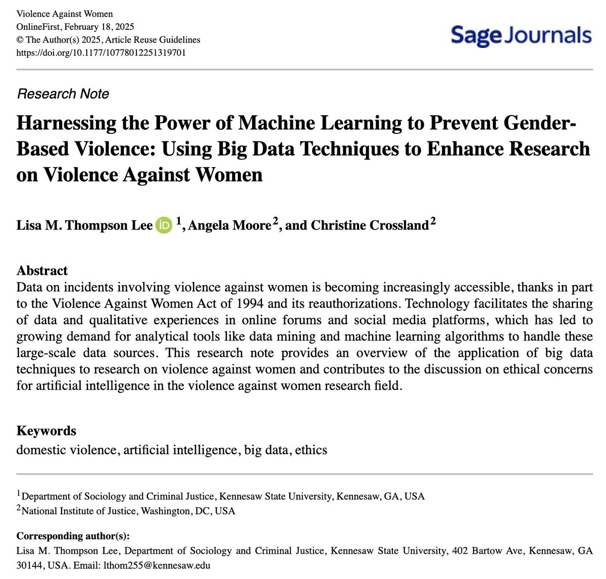 VAWJournal's tweet image. Led by @lisathompsonphd, this research explores how big data + machine learning can enhance research on domestic and gender-based violence and raises key ethical considerations for using AI in violence against women research.
Learn more about this work: journals.sagepub.com/doi/full/10.11…