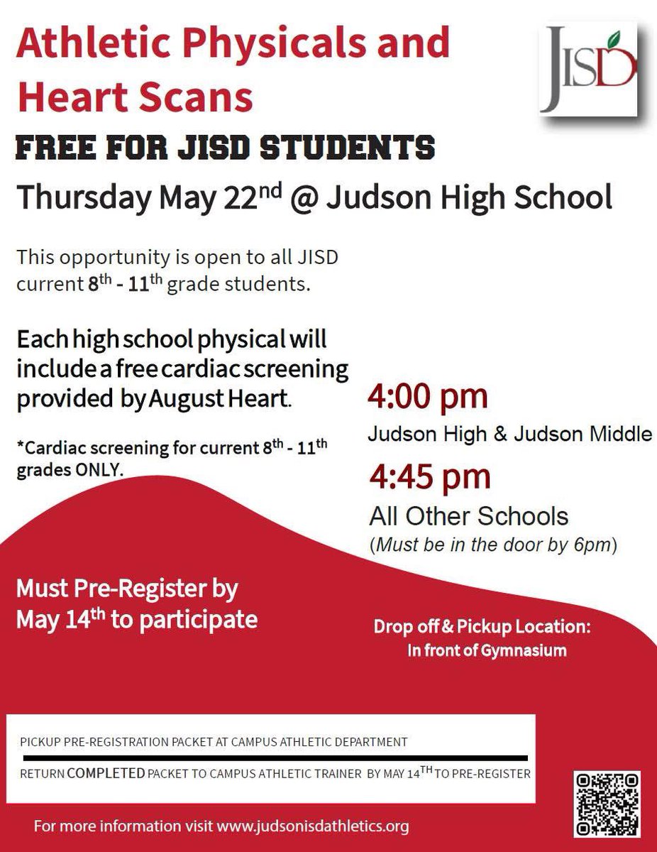 Attention Athletes! JISD Athletic Physicals and Heart Scans will be Thursday May 22nd at Judson HS. Details below