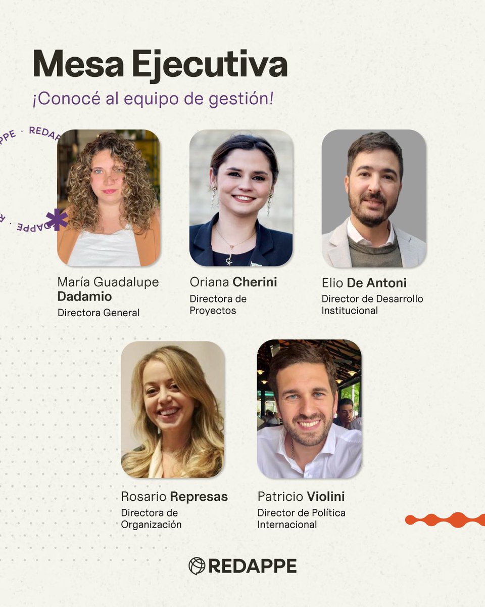 REDAPPE's tweet photo. • Directora General: @mgdadamio 
• Directora de Proyectos: @CheriniOriana 
• Director de Desarrollo Institucional: @ElioDeAntoni 
• Directora de Organización: Rosario Represas 
• Director de Política Internacional: @patricioviolini https://t.co/IRXtpCVYKh
