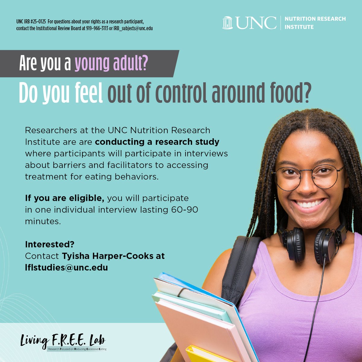 We are recruiting for our upcoming study! If you are a young adult or a clinician who works with binge eating, you may be eligible to participate. Contact lflstudies@unc.edu for more information.

#research #researchstudy #eatingdisorders #therapy #dietician #bingeeating