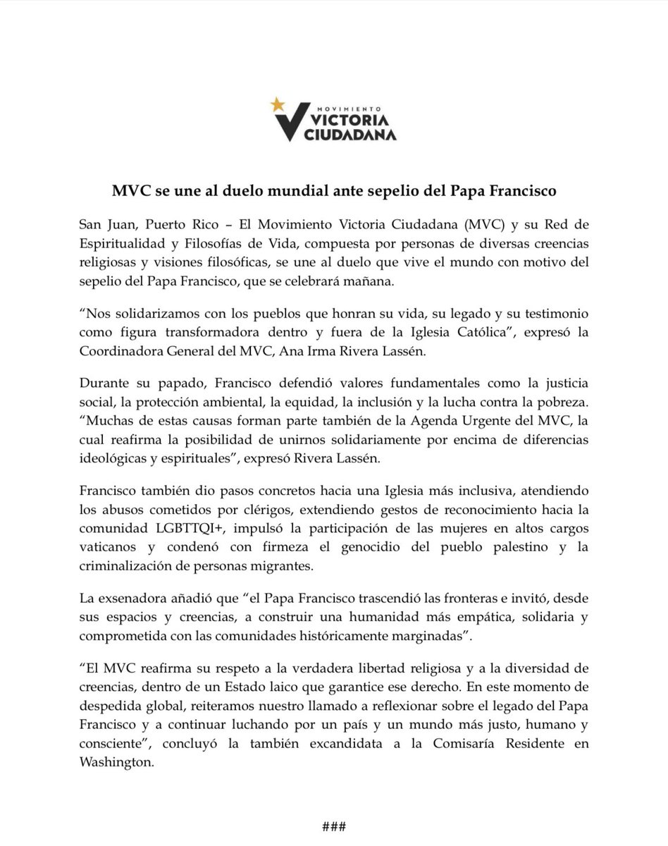 El Movimiento Victoria Ciudadana y su Red de Espiritualidad y Filosofías de Vida se unen al duelo mundial ante sepelio del Papa Francisco.
