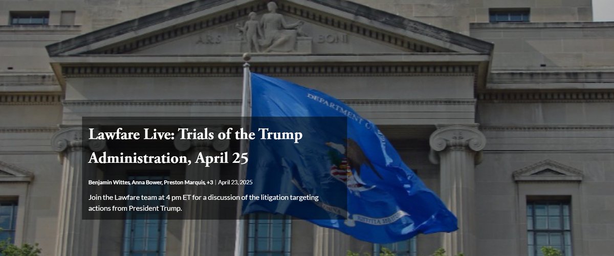 Lawfare (@lawfare) on Twitter photo In 1 hour, Benjamin Wittes, <a href="/S_R_Anders/">Scott R. Anderson</a>, <a href="/AnnaBower/">Anna Bower</a>, Preston Marquis, <a href="/rparloff/">Roger Parloff</a>, and James Pearce will discuss the legal challenges to President Trump's executive actions, including Harvard's lawsuit, the removal of undocumented immigrants to El Salvador, and more. In 1 hour, Benjamin Wittes, <a href="/S_R_Anders/">Scott R. Anderson</a>, <a href="/AnnaBower/">Anna Bower</a>, Preston Marquis, <a href="/rparloff/">Roger Parloff</a>, and James Pearce will discuss the legal challenges to President Trump's executive actions, including Harvard's lawsuit, the removal of undocumented immigrants to El Salvador, and more.