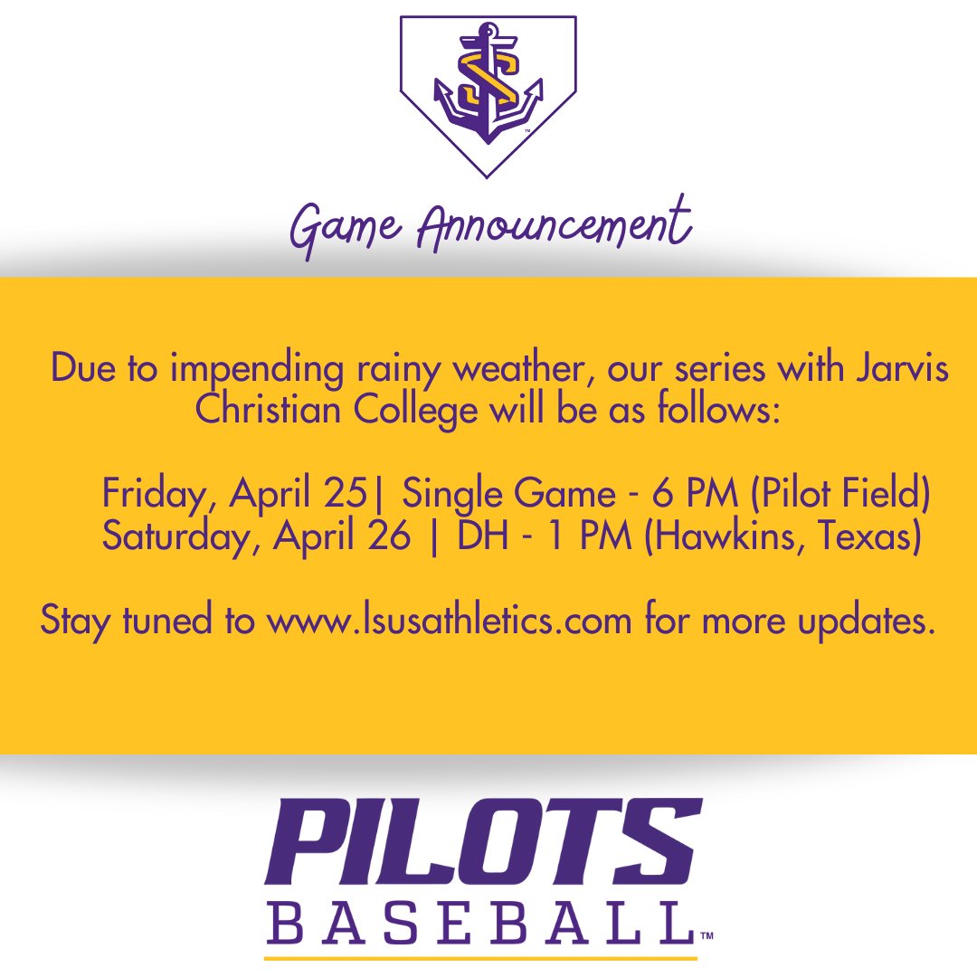 LSUS Athletics (@lsusathletics) on Twitter photo 🚨🚨 BREAKING 🚨🚨
Pilots Baseball Schedule Update
Jarvis Christian Series (April 25-26)
<a href="/KtalSports/">KTAL Sports</a> <a href="/KSLASports/">KSLA News 12 Sports</a> <a href="/KTBS_Sports/">KTBS Sports</a> 🚨🚨 BREAKING 🚨🚨
Pilots Baseball Schedule Update
Jarvis Christian Series (April 25-26)
<a href="/KtalSports/">KTAL Sports</a> <a href="/KSLASports/">KSLA News 12 Sports</a> <a href="/KTBS_Sports/">KTBS Sports</a>