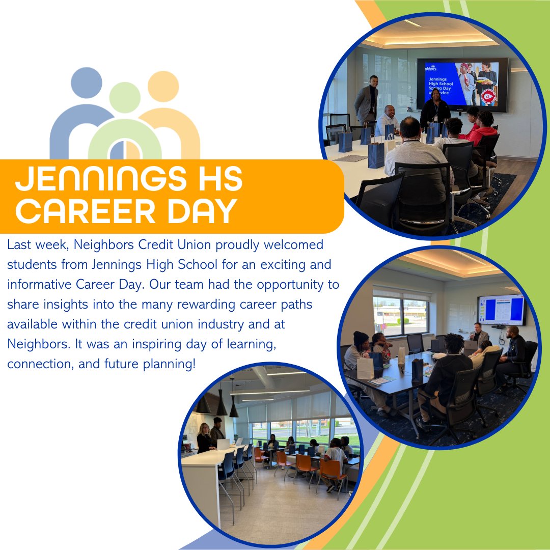 NeighborsCU's tweet image. On April 15th Neighbors Credit Union welcomed Jennings HS students for an informative and fun filled Career Day!👨‍💼💼